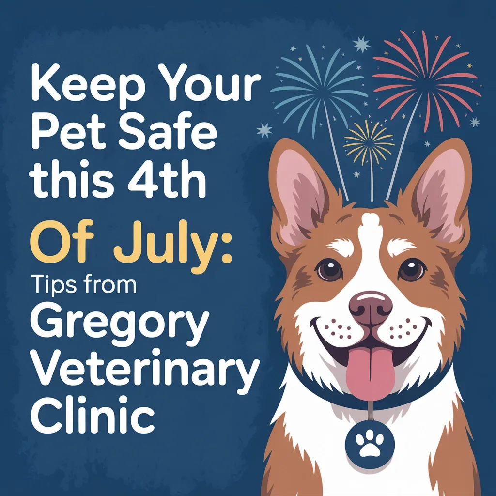 Smiling dog with fireworks background, text: "Keep Your Pet Safe this 4th Of July: Tips from Gregory Veterinary Clinic." Mood is cheerful.